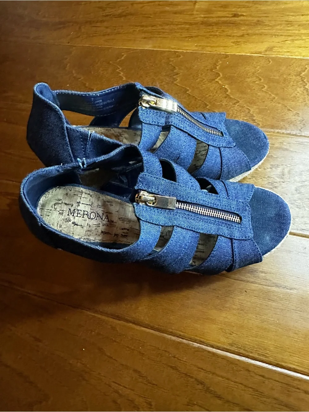 Denim Blue Strappy Zip Front Wedge Sandals - Women Size 7